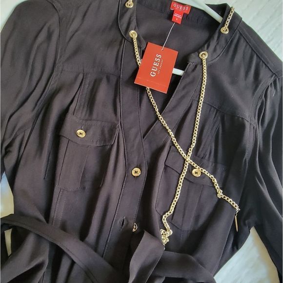 Guess Button Down Tie Dress with Gold Chain Accessory - Picture 1 of 3